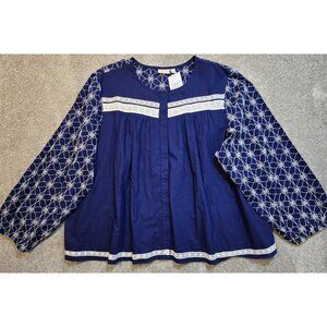 Logo Lavish Boho Tunic Top Embroidered Crochet Lace Snap Up Pockets Blue Size 2X